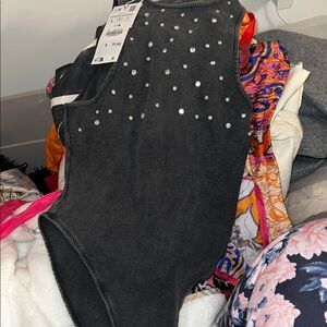 Zara Black Sleeveless Top with Silver Accents